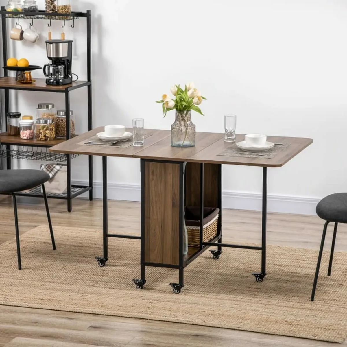 Six-Person Drop Leaf Dining Table - Brown/Black - Image 3
