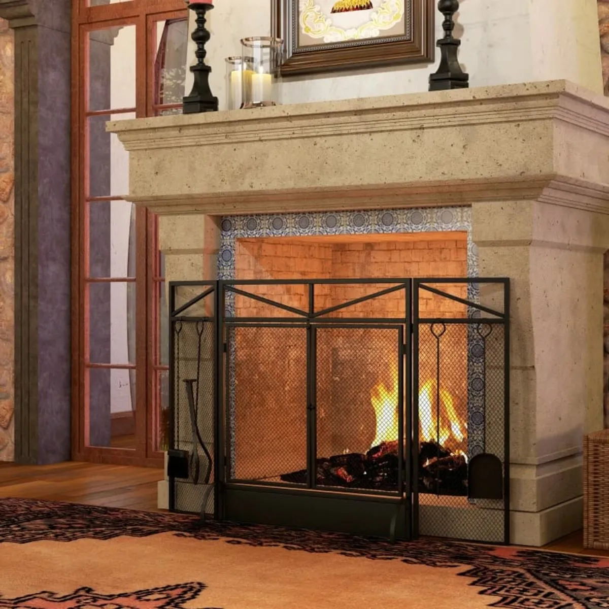 3 Panel Folding Fire Guard Screen with Fireplace T - Image 2