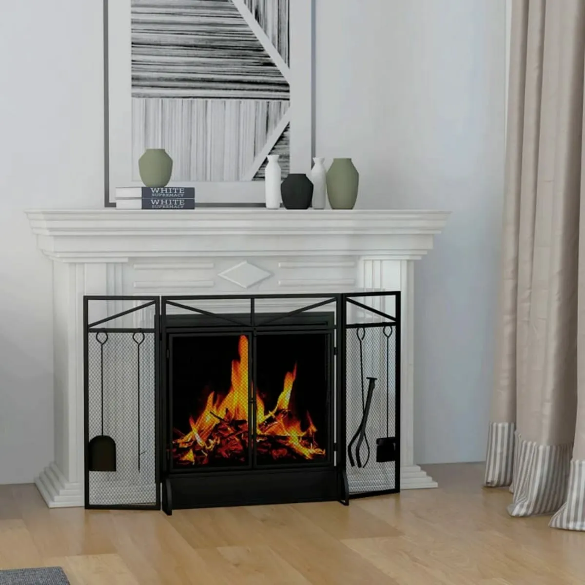 3 Panel Folding Fire Guard Screen with Fireplace T - Image 3