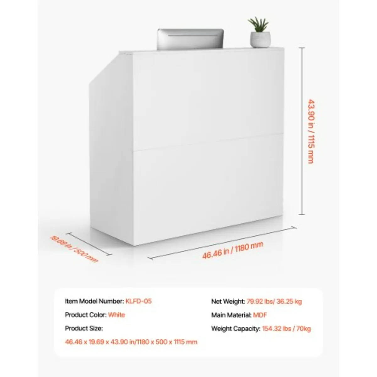 Reception Desk, 46.46 x 19.69 x 43.90 in Rectangul - Image 3