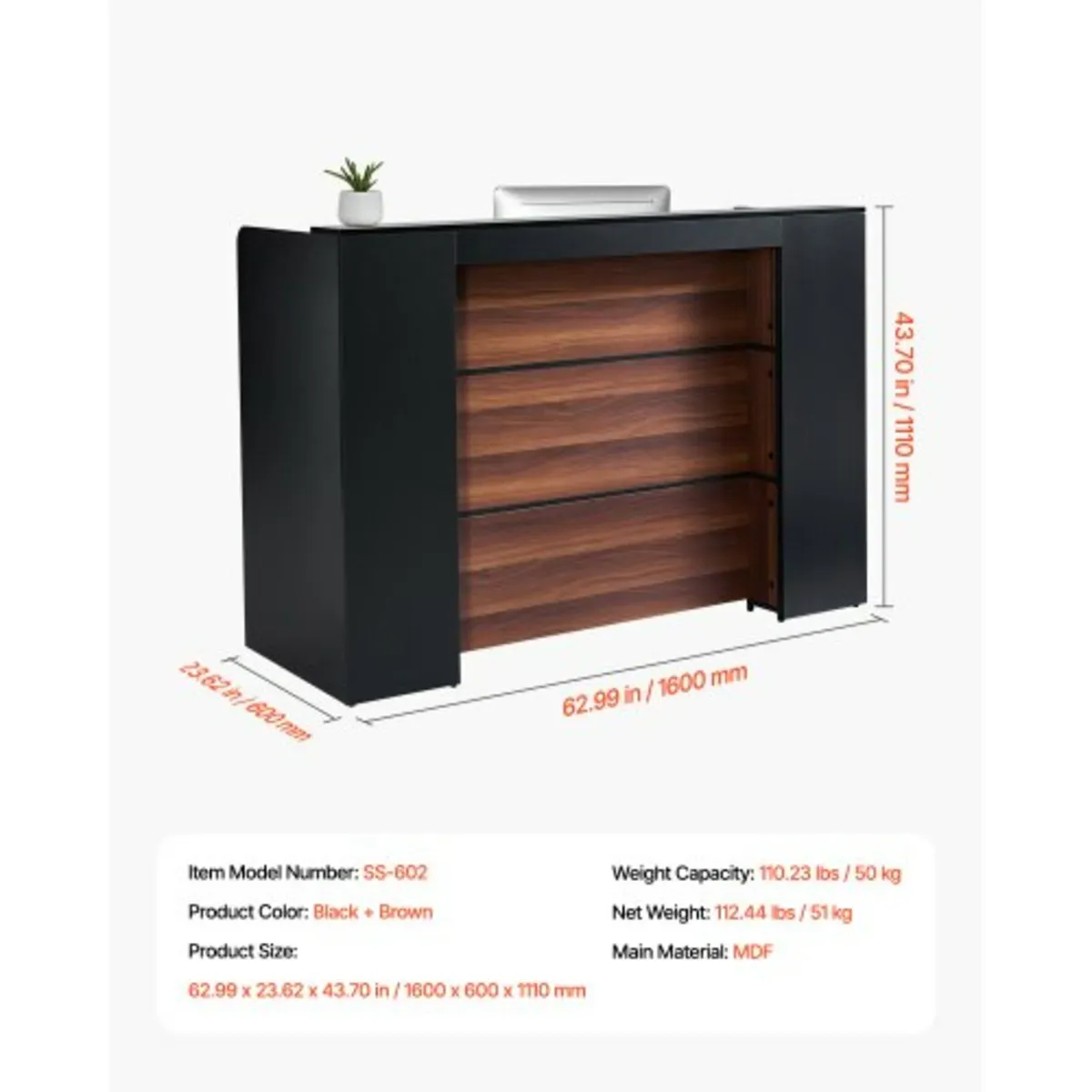 Reception Desk, 62.99 x 23.62 x 43.70 in Rectangul - Image 3