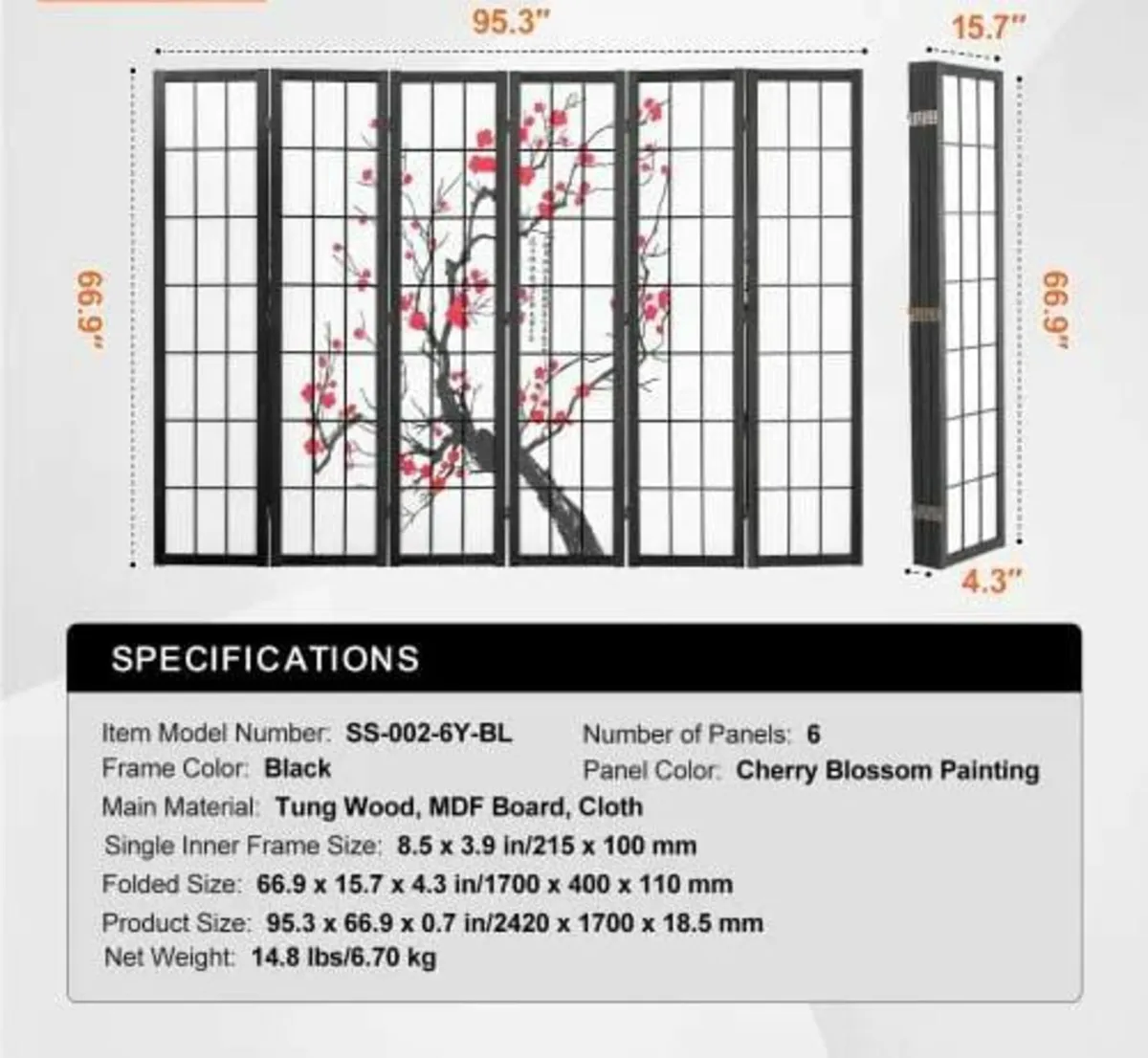 Room Divider, 6 Panel Japanese Room Divider Screen - Image 4