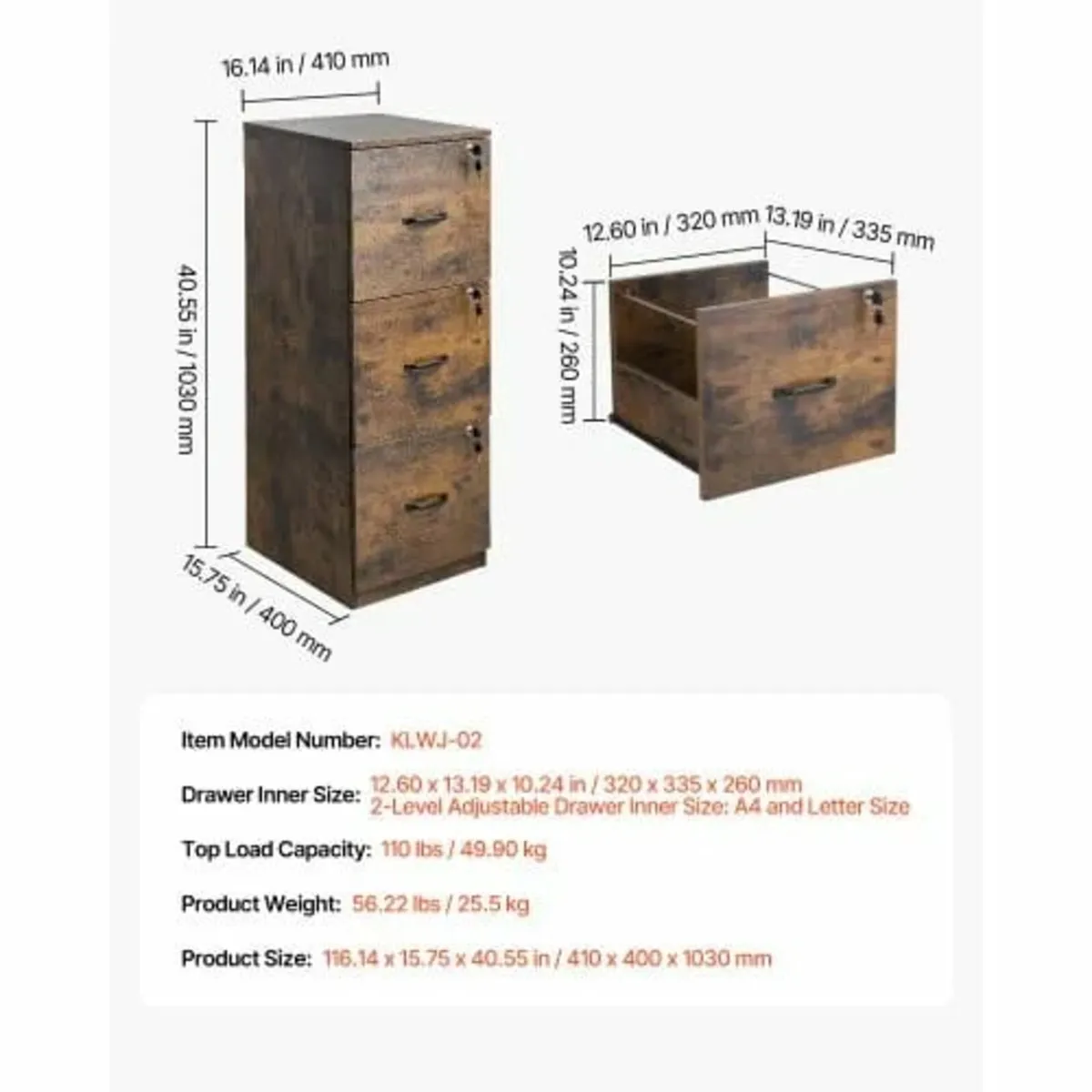3 Drawer File Cabinet with Lock, Vertical Filing S - Image 3