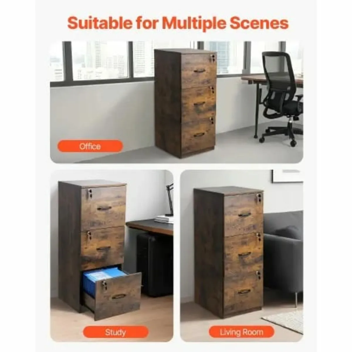 3 Drawer File Cabinet with Lock, Vertical Filing S - Image 4