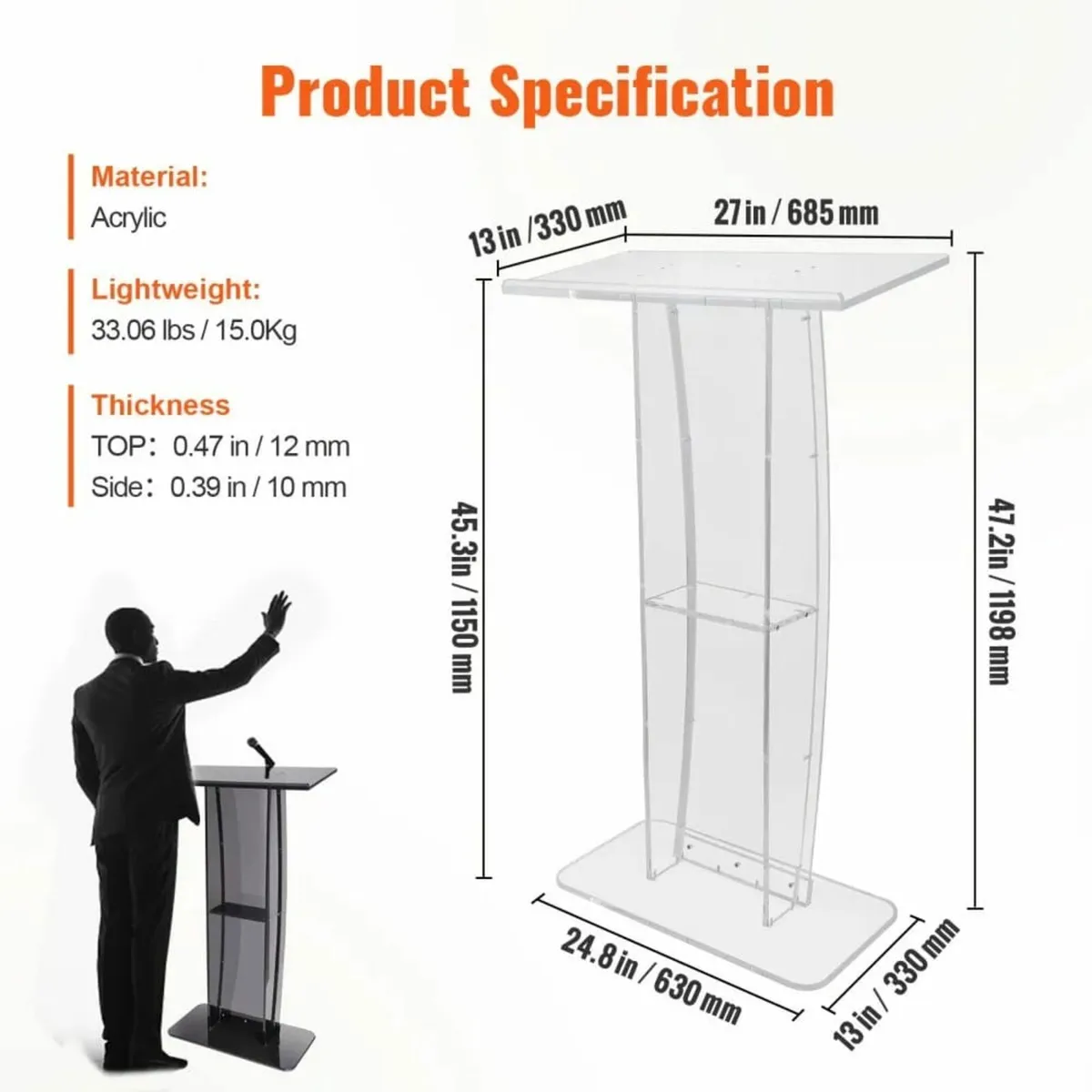 Podium, 119 cm Tall, Clear Acrylic Podium Stand wi - Image 4