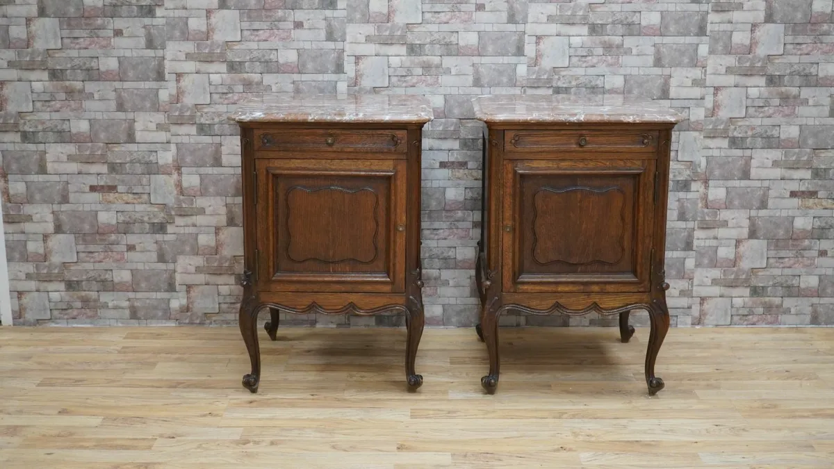 Pair of French Oak Marble-Top Bedside Cabinets - Image 1