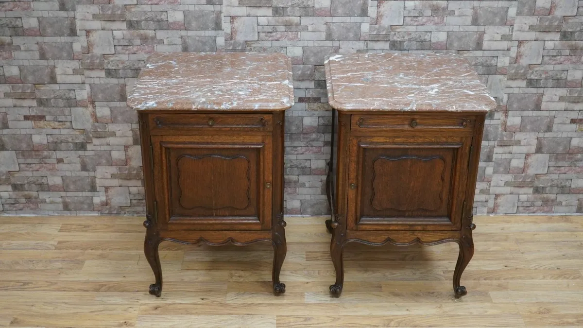 Pair of French Oak Marble-Top Bedside Cabinets - Image 2