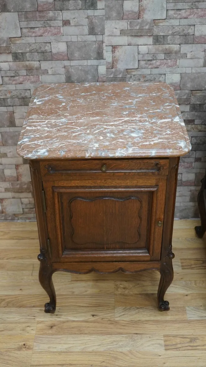 Pair of French Oak Marble-Top Bedside Cabinets - Image 3
