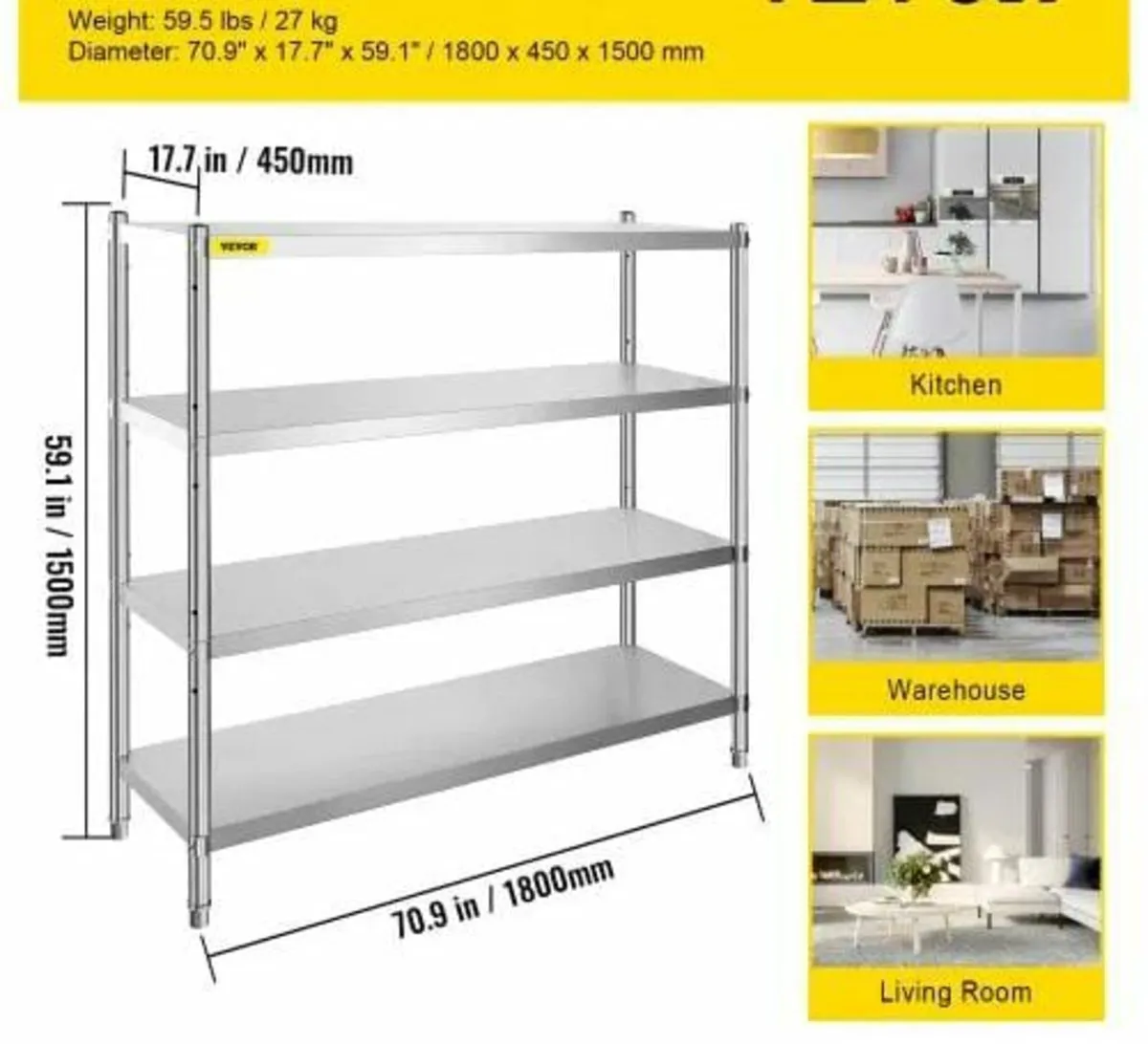 Storage Shelf, 4-Tier Stainless Steel Shelving, St - Image 3