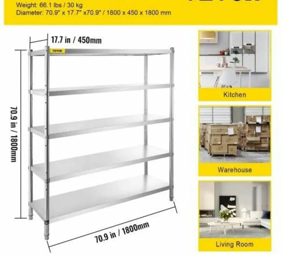 5-Tier Storage Shelving Unit, Stainless Steel Gara - Image 3
