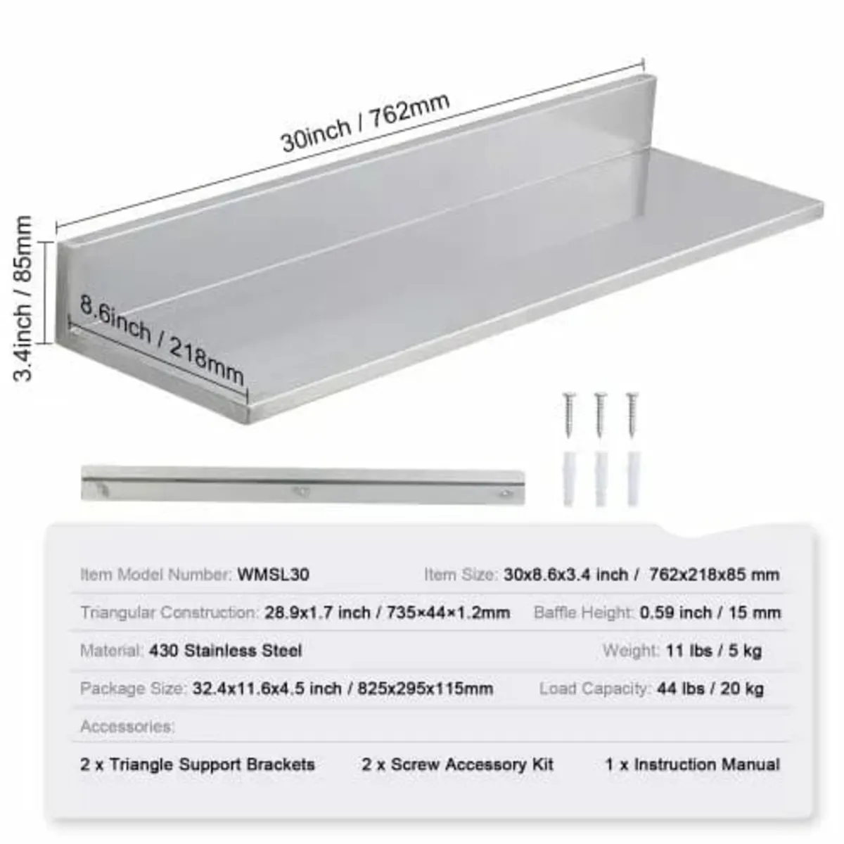 21.8 x 76.2 cm Stainless Steel Shelf, Wall Mounted - Image 4