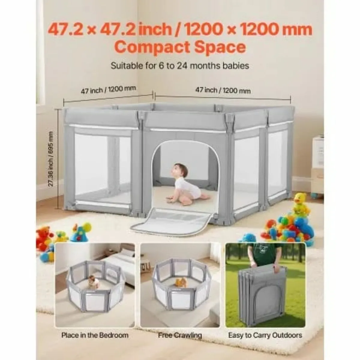 Baby Playpen, 1200 x 1200mm Foldable Toddlers Play - Image 2
