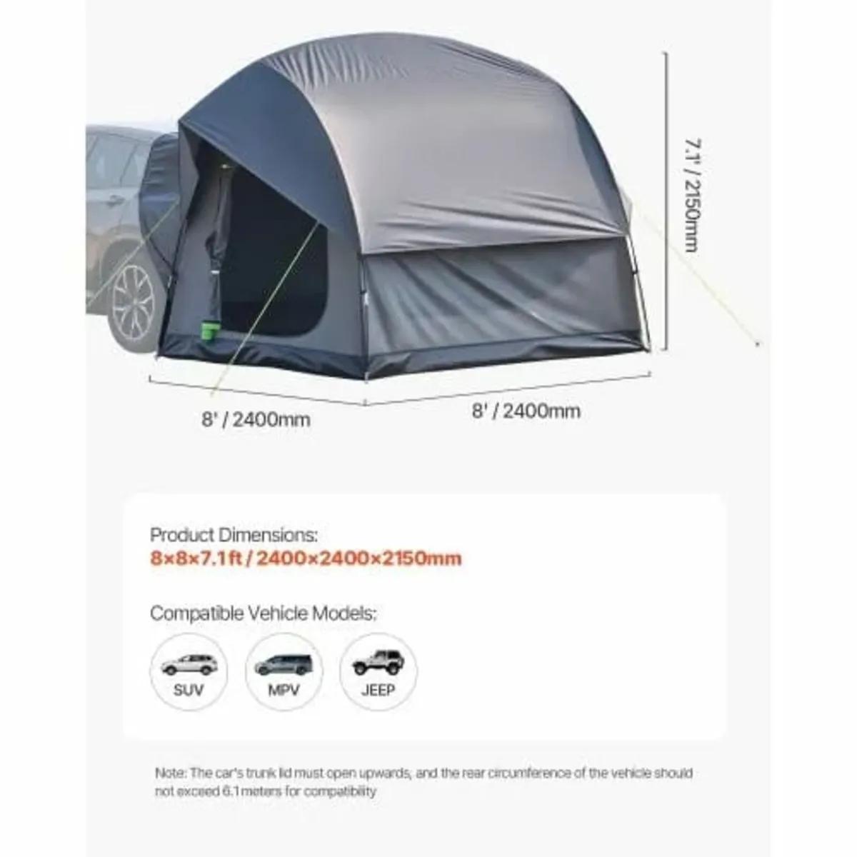 SUV Tent for Camping, 8FT L x 8FT W, Waterproof PU - Image 2