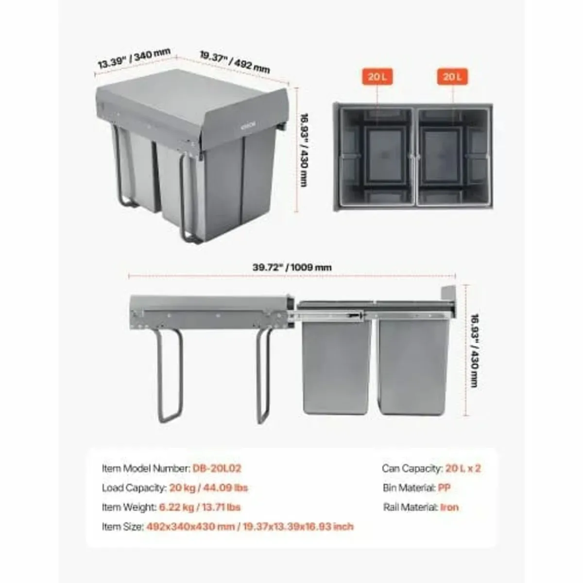 Pullout Trash Can for Kitchen Cabinets, 20Lx2 Doub - Image 3