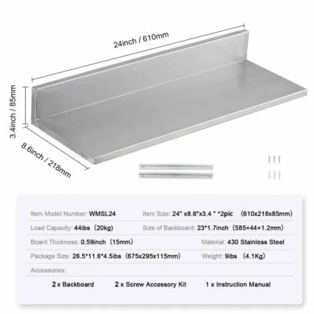 21.8 x 61 cm Stainless Steel Shelf, Wall Mounted F - Image 3