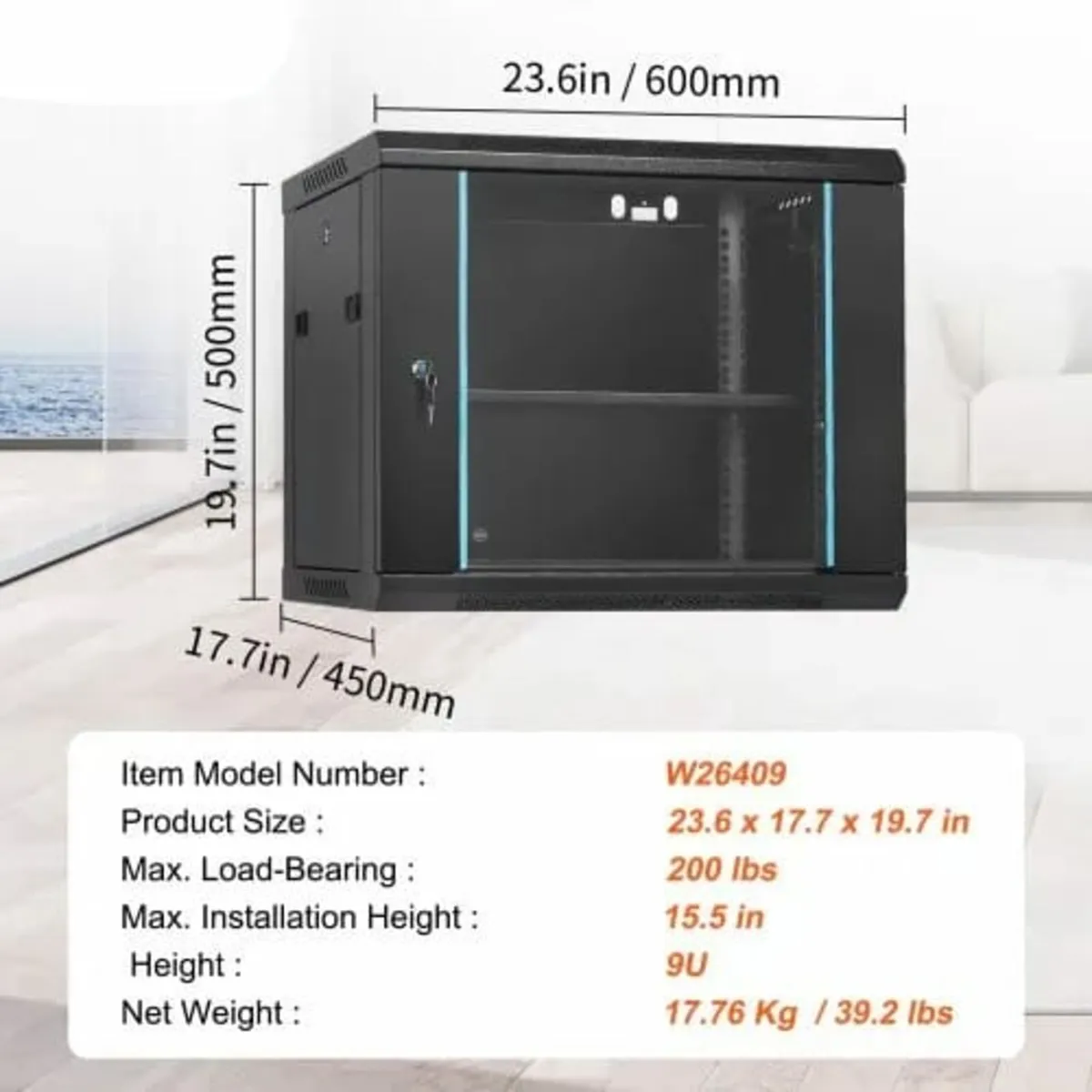 9U Wall Mount Network Server Cabinet, 60x45x50cm, - Image 3
