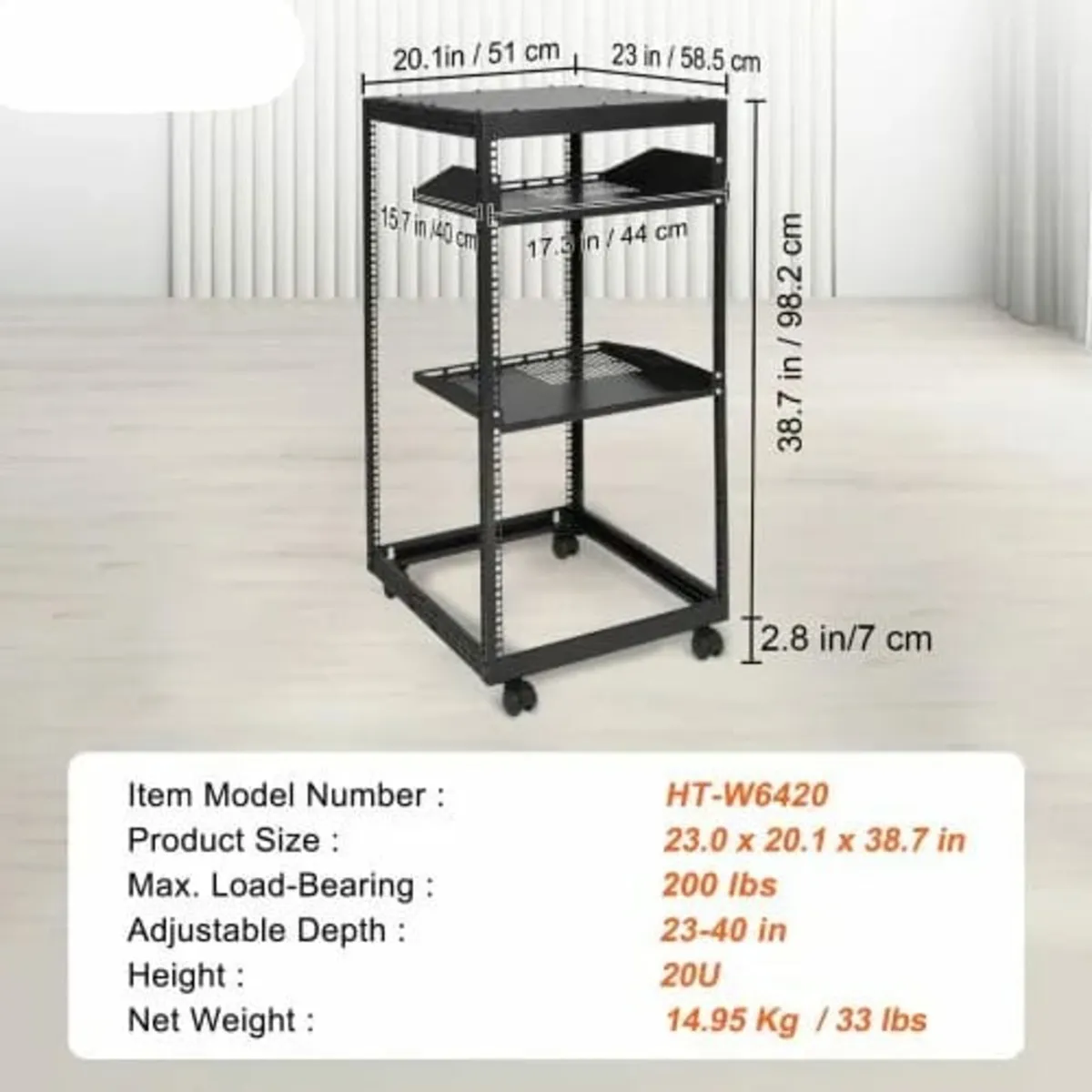 20U Open Frame Server Rack, 58.5-101.6cm/223-40 in - Image 3