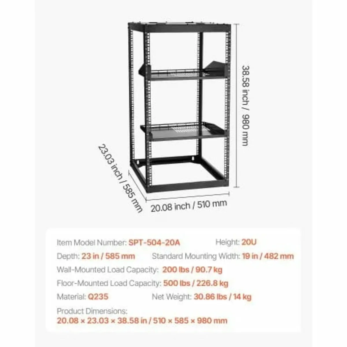 20U Open Frame Network Rack, 585 mm Depth, Wall Mo - Image 2