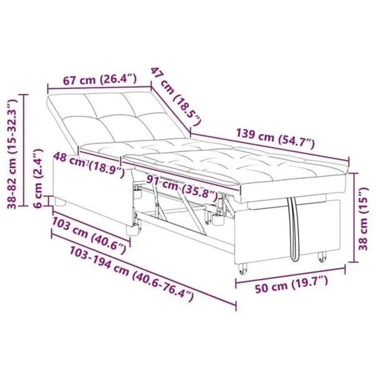 Sofa Bed Black 194 x 67 x 37 cm Fabric - Image 4