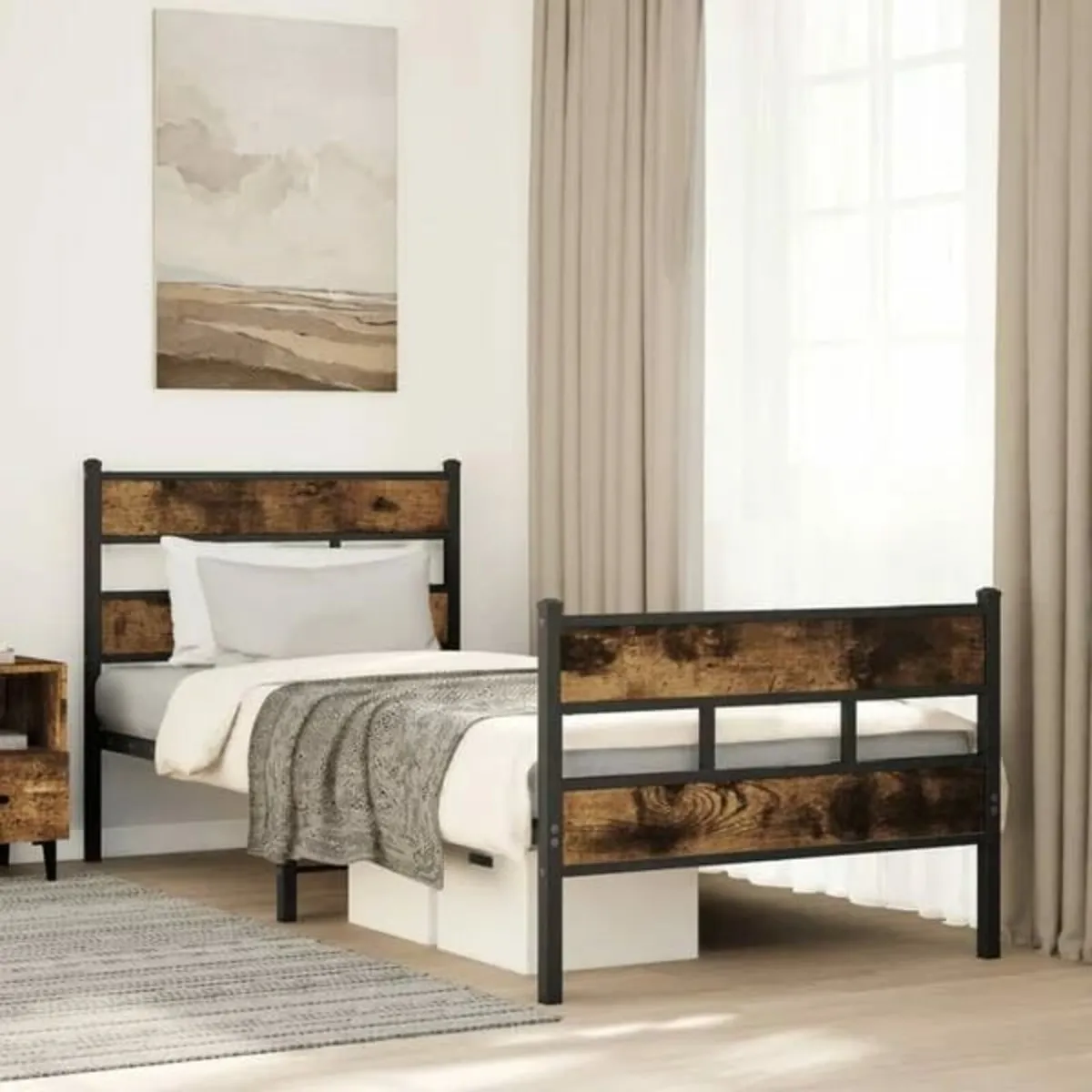 Metal Bed Frame without Mattress Smoked Oak 75x190 - Image 1