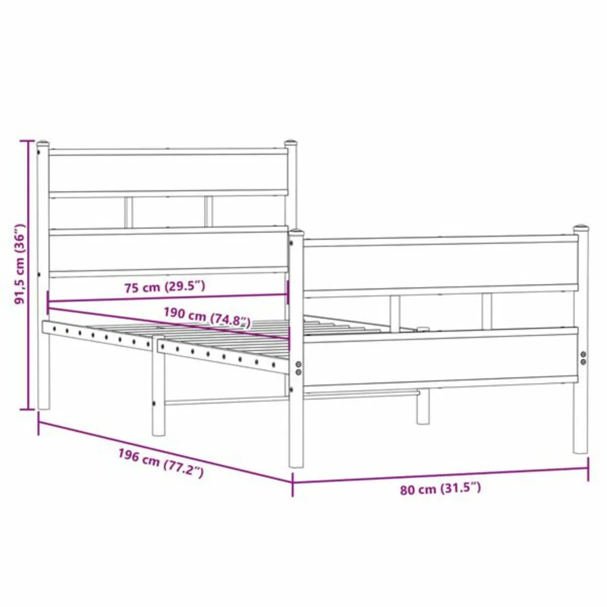 Metal Bed Frame without Mattress Smoked Oak 75x190 - Image 3