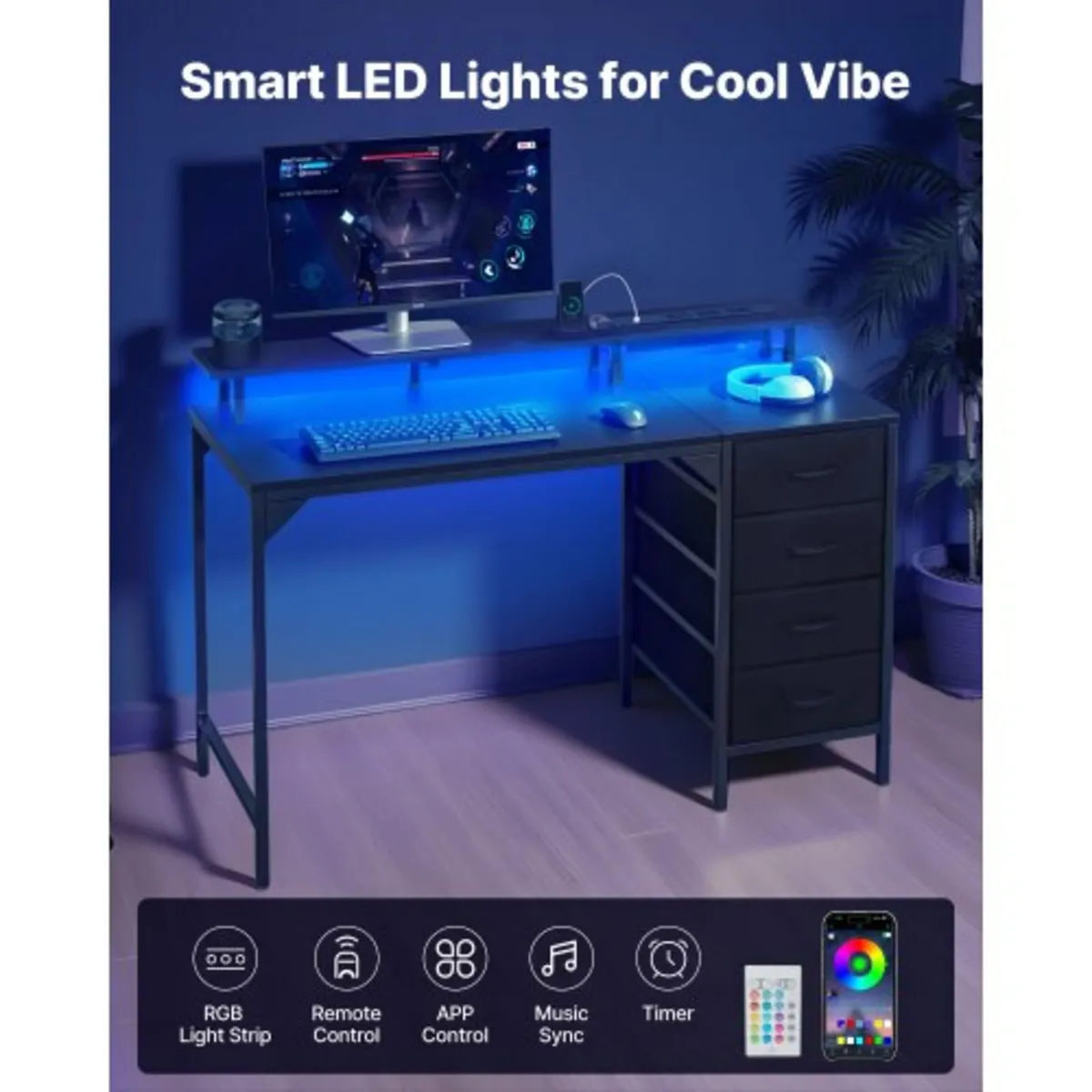 120 cm Computer Desk with Smart LED Lights and Pow - Image 2
