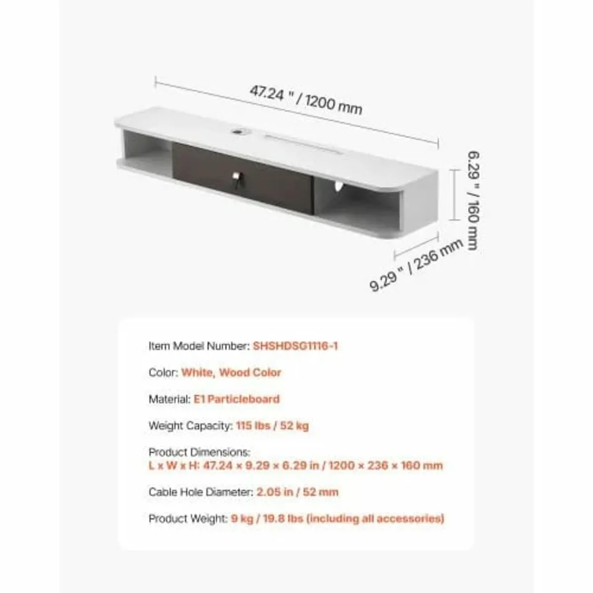 Floating TV Stand, 47 in Wall Mount Entertainment - Image 3