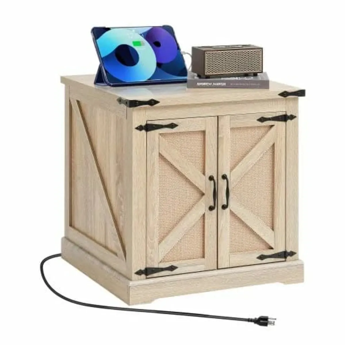 Farmhouse End Table, Rectangle PE Rattan Woven Woo - Image 1