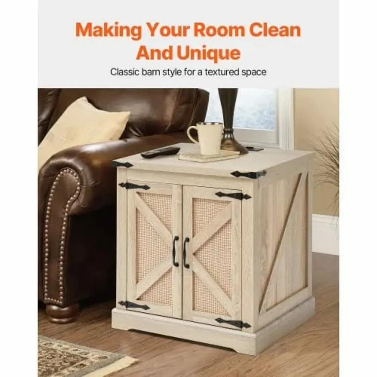 Farmhouse End Table, Rectangle PE Rattan Woven Woo - Image 2