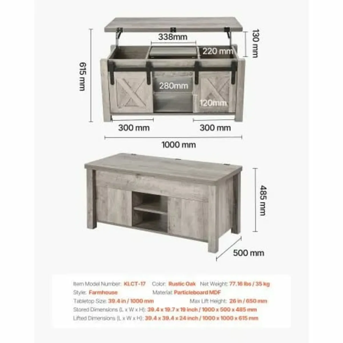 1000 mm Farmhouse Lift Top Coffee Table, Rustic Ce - Image 3