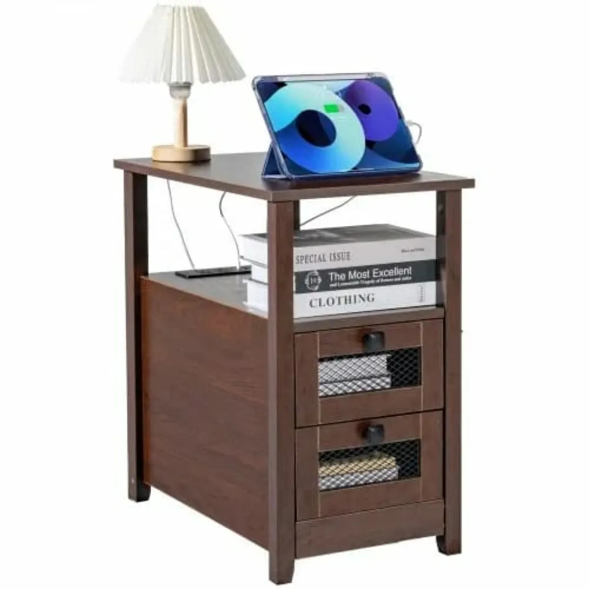 Farmhouse End Table, Narrow Night Stand with USB P - Image 1
