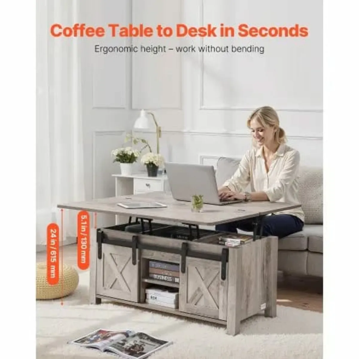 1000 mm Farmhouse Lift Top Coffee Table, Rustic Ce - Image 4