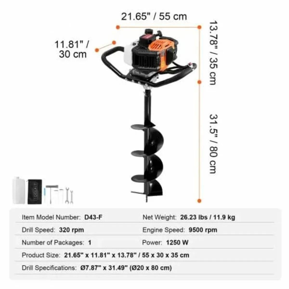 Post Hole Digger Gas Powered, 43CC 1250W Earth Aug - Image 3