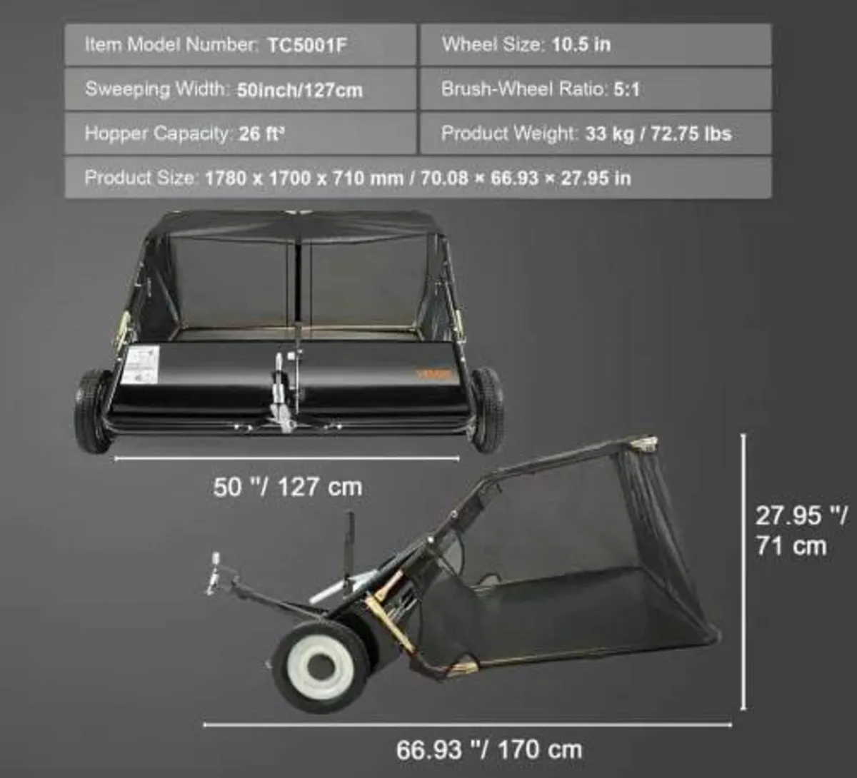 Tow Behind Lawn Sweeper, 127 cm Pull Behind Lawn S - Image 4