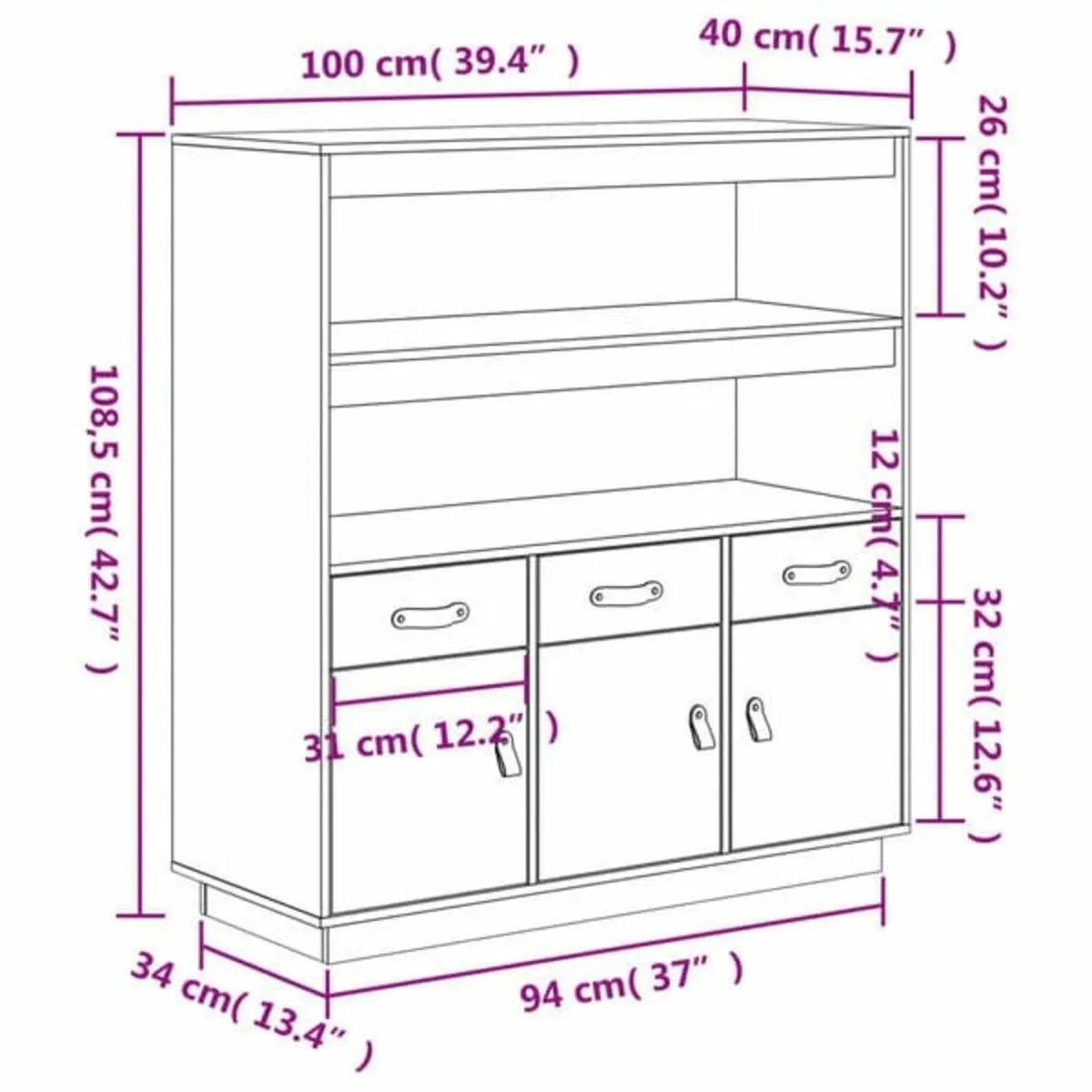 Highboard White 100x40x108.5 cm Solid Wood Pine - Image 4