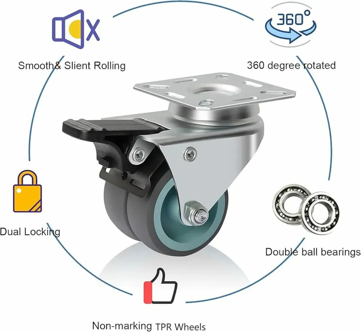 Heavy Duty 50mm Castor Wheels with Brakes, Set of - Image 2