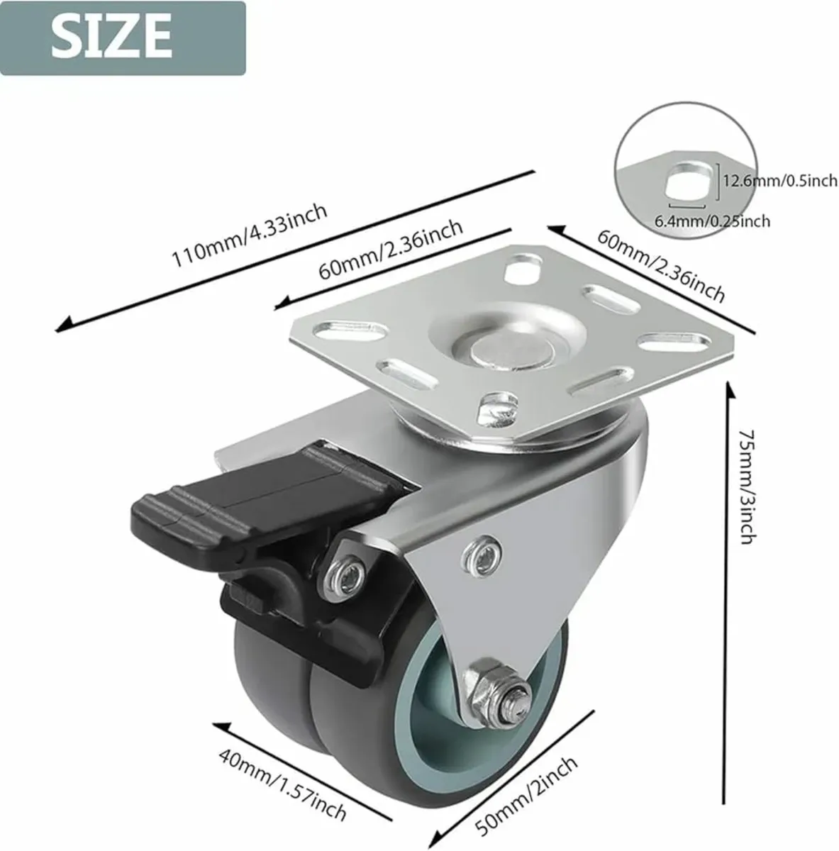 Heavy Duty 50mm Castor Wheels with Brakes, Set of - Image 3