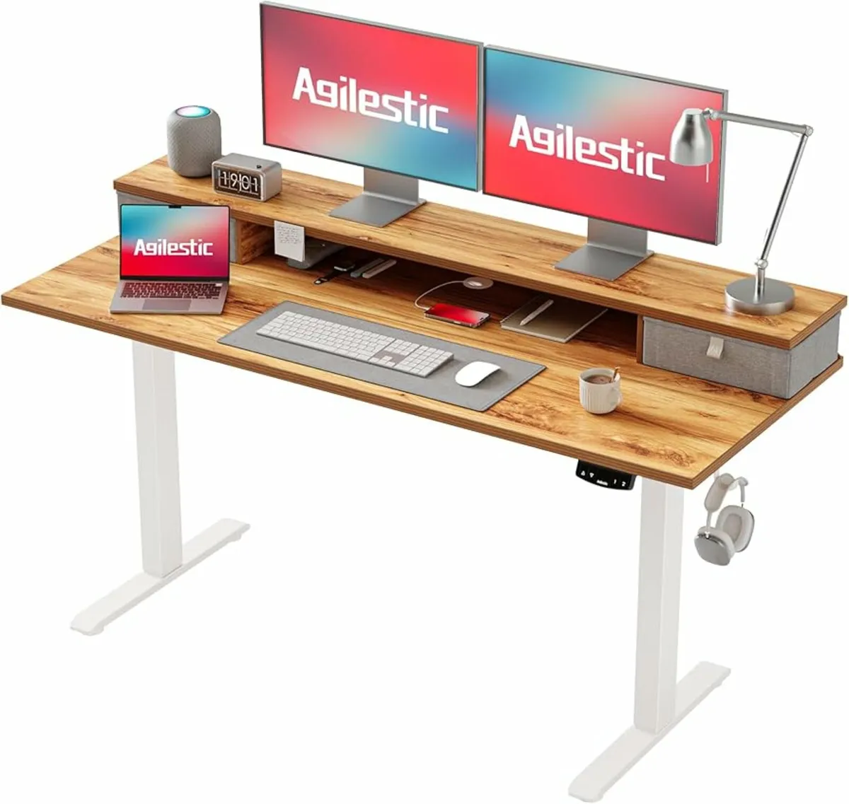 Adjustable Height Desk with 2 Drawers, 140 x 60 cm - Image 1