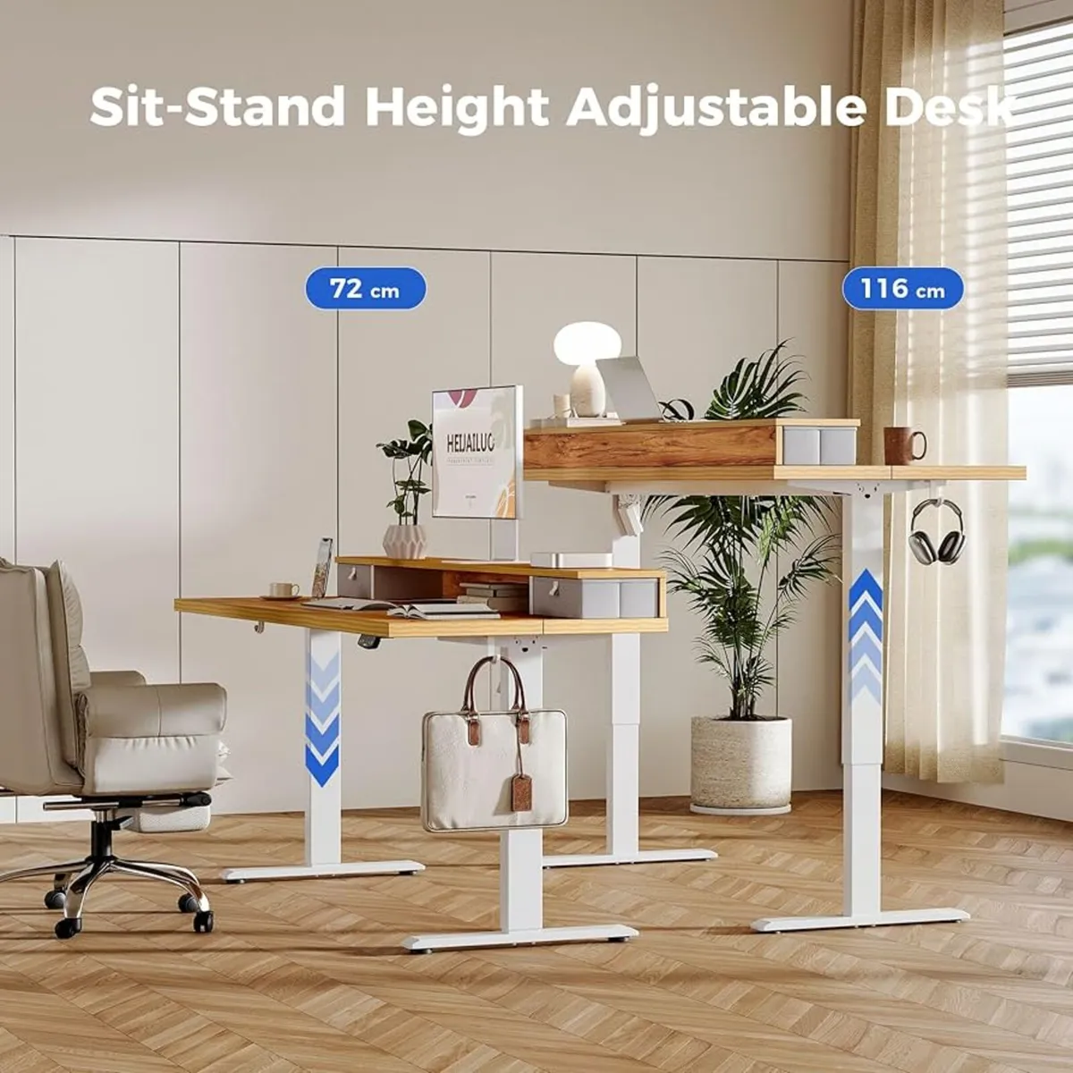Adjustable Height Desk with 2 Drawers, 140 x 60 cm - Image 3