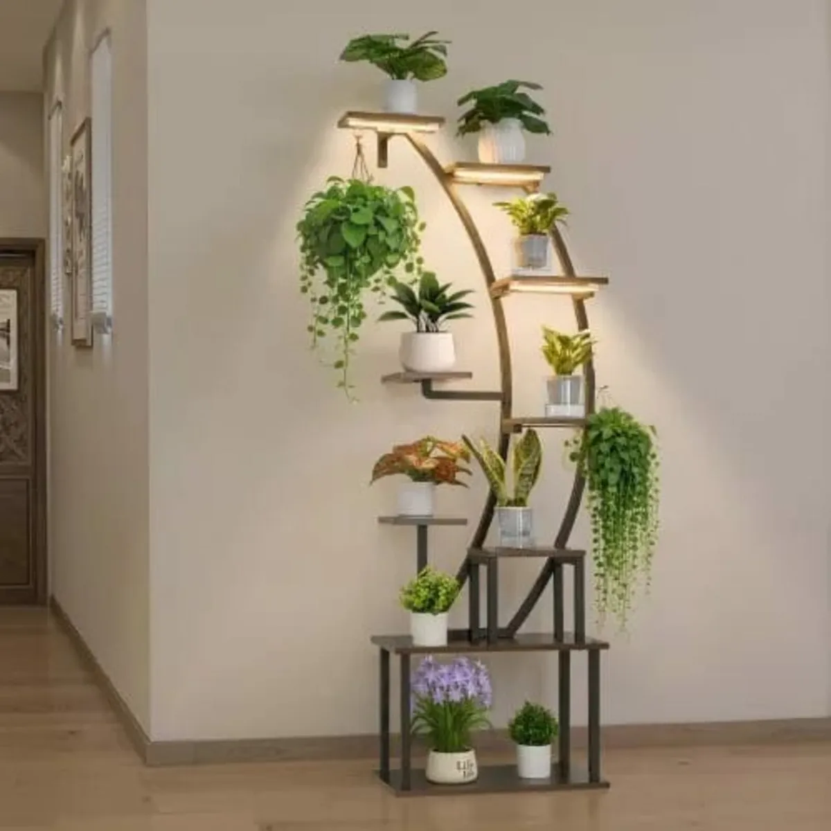 160cm Tall 9-Tier Lighted Plant Shelf, Metal Corne - Image 1