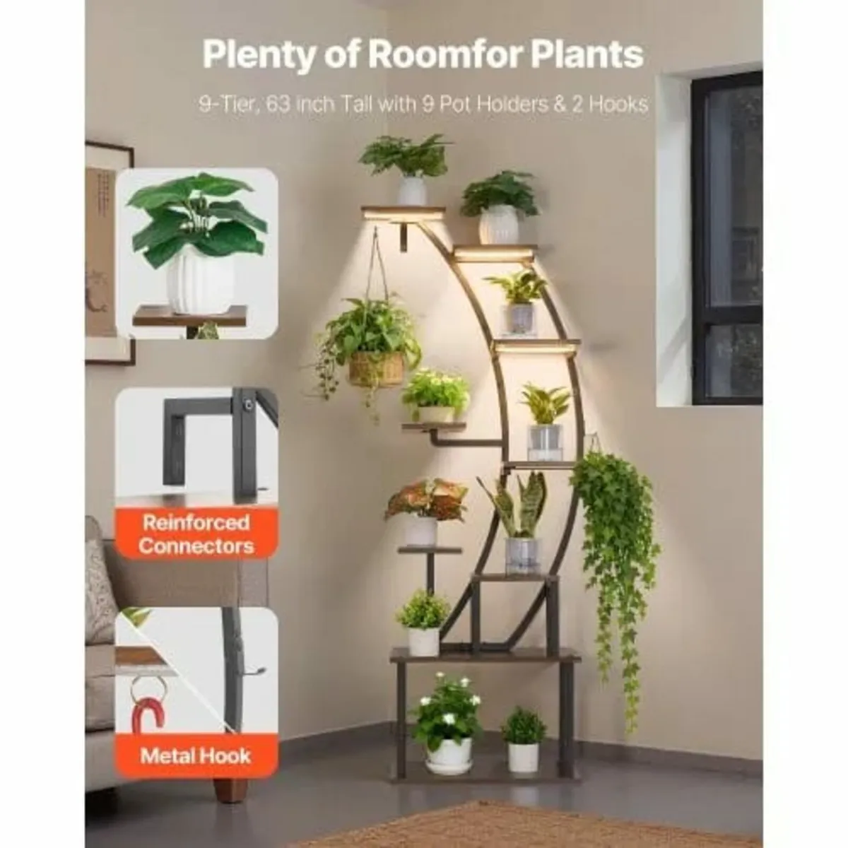 160cm Tall 9-Tier Lighted Plant Shelf, Metal Corne - Image 2