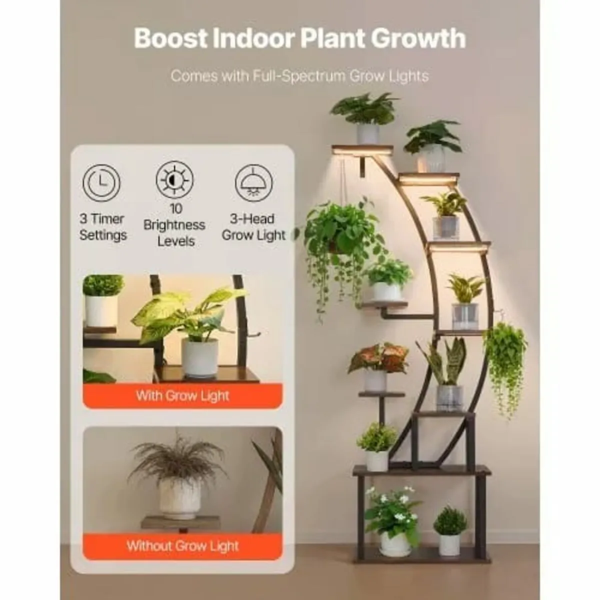 160cm Tall 9-Tier Lighted Plant Shelf, Metal Corne - Image 3