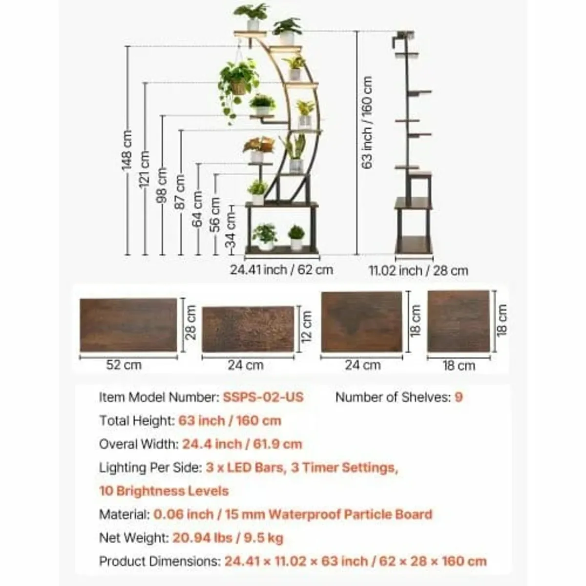 160cm Tall 9-Tier Lighted Plant Shelf, Metal Corne - Image 4