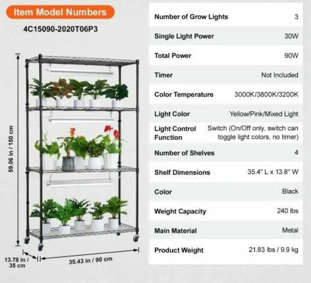 Plant Stand with Grow Light, 4 Tiers, 90W Indoor G - Image 4