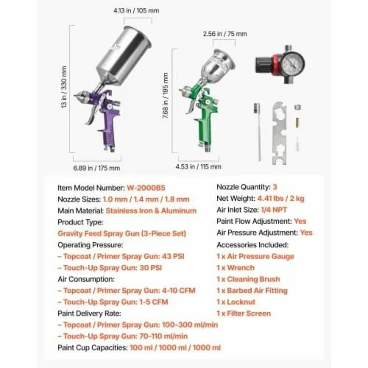 3-Piece Air Spray Gun Kit, Professional Auto Paint - Image 4