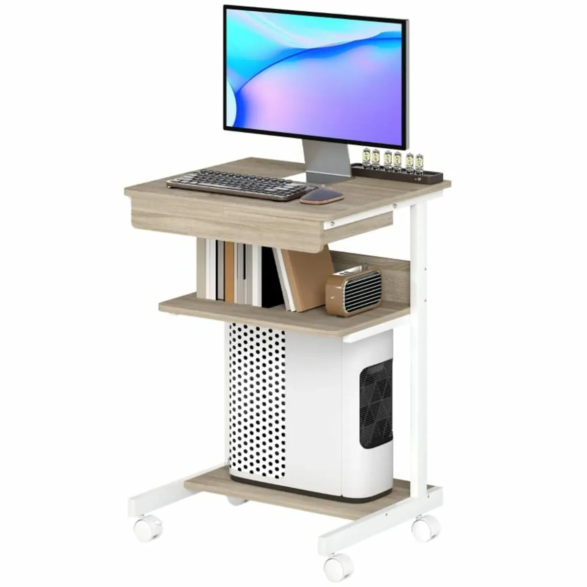 Rolling Desk with Drawer and Shelves, 4 Wheels, Co - Image 4