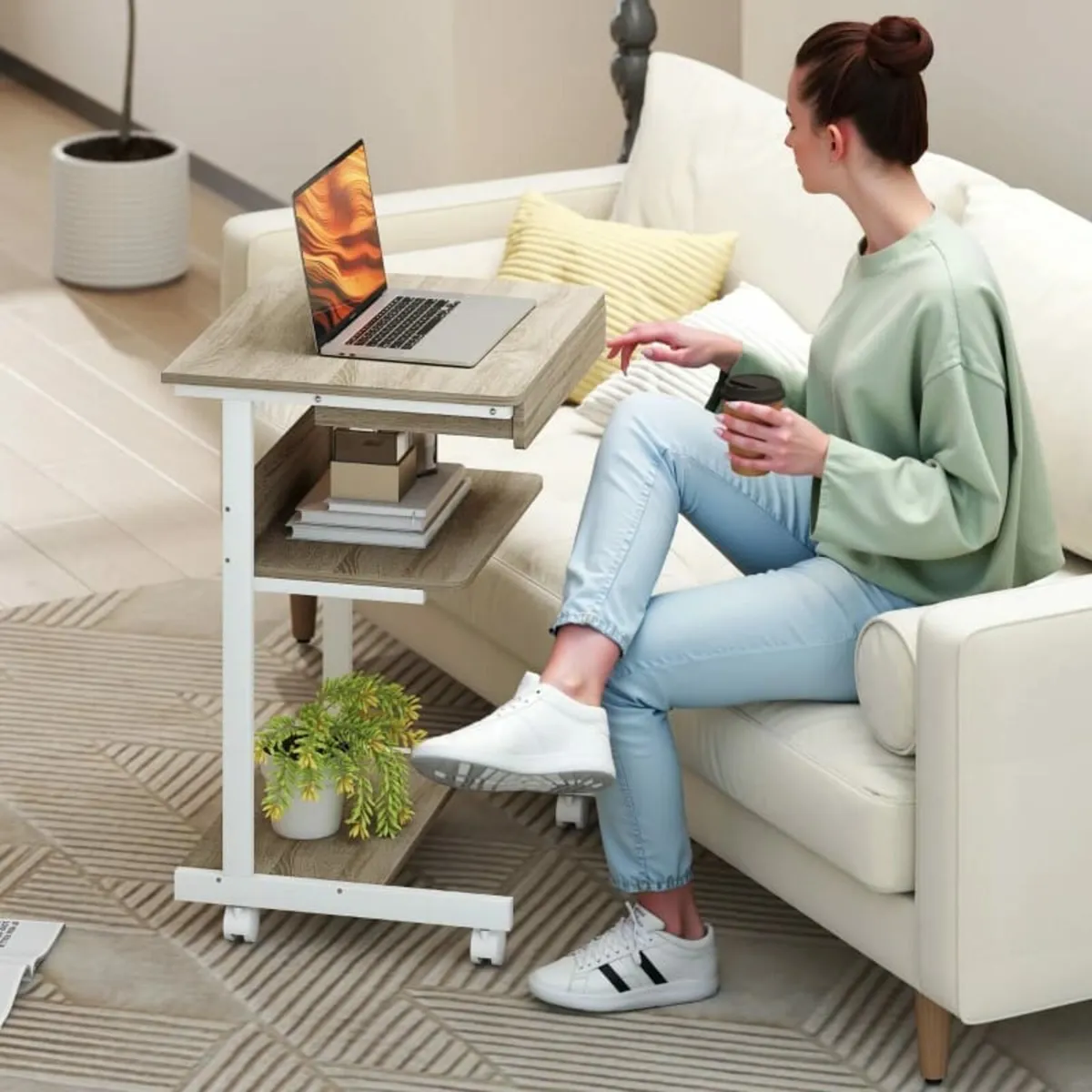 Rolling Desk with Drawer and Shelves, 4 Wheels, Co - Image 2