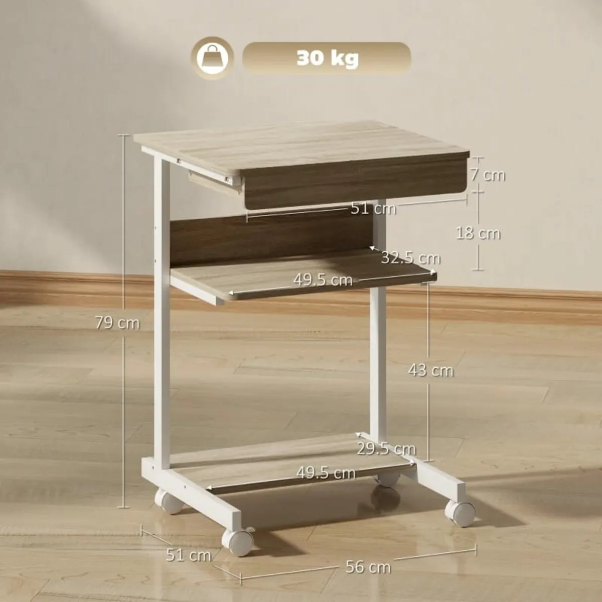 Rolling Desk with Drawer and Shelves, 4 Wheels, Co - Image 3