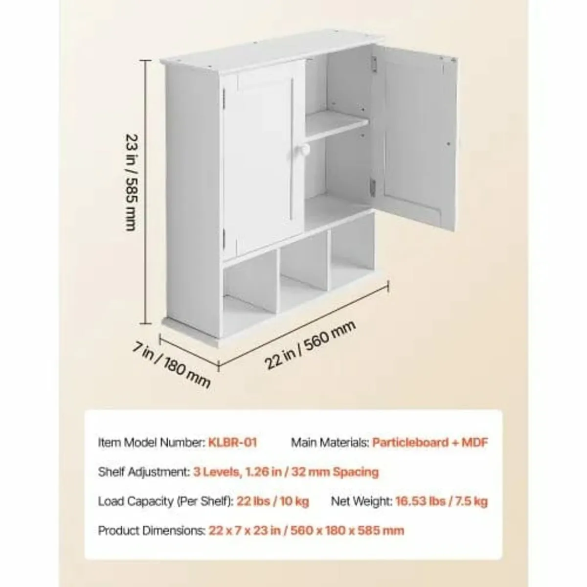Bathroom Wall Cabinet, 2 Doors & Adjustable Shelf, - Image 2