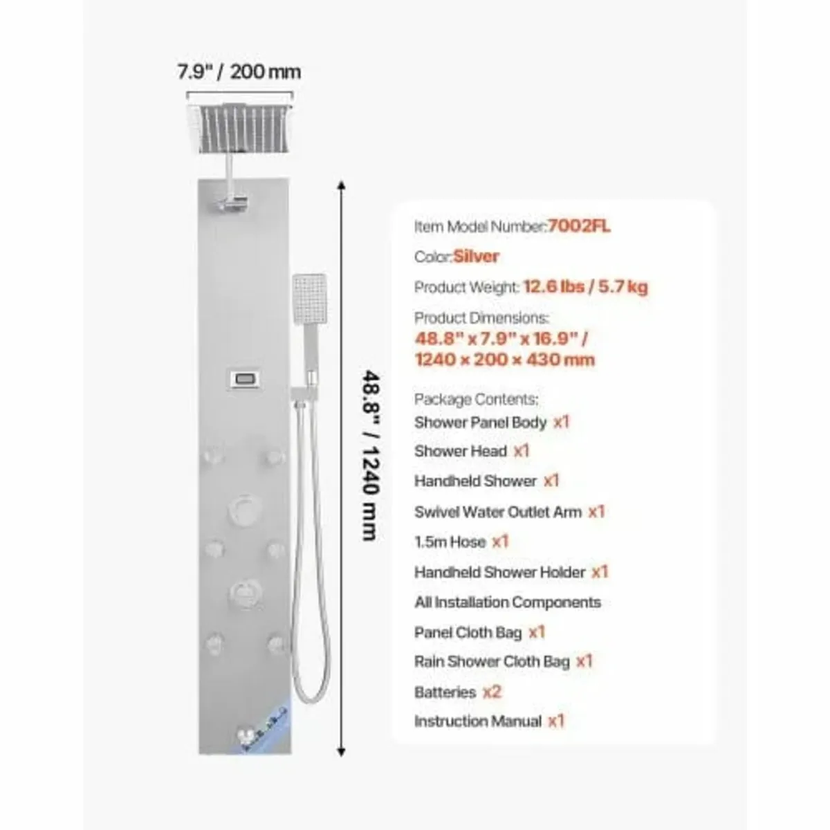 Tower System with Rainfall Shower Head, LED, 49 in - Image 4